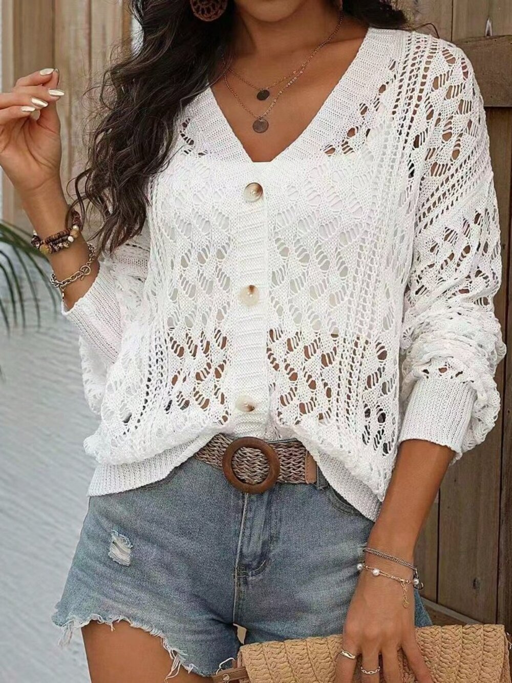 White Casual Women's V-Neck Button Front Knit Sweater Cardigan
